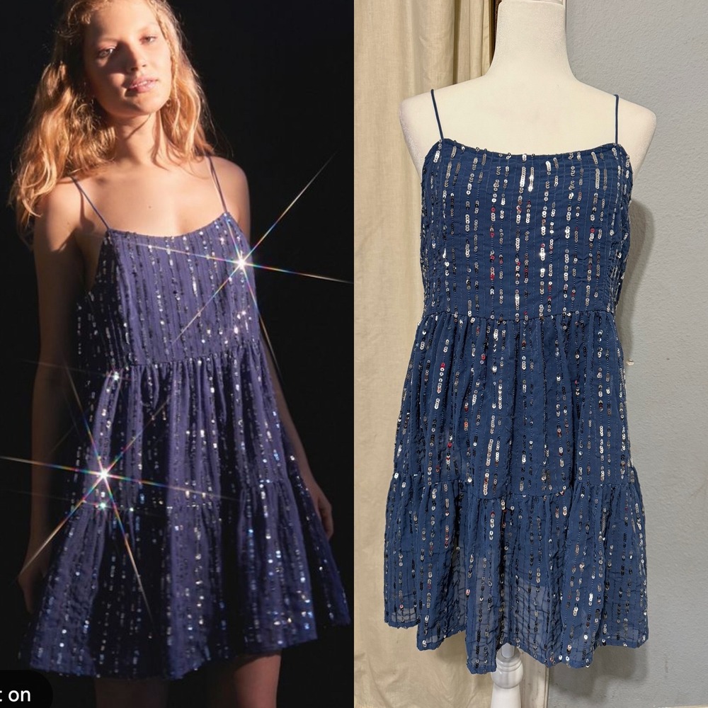 Urban Outfitters Mini Dress L Blue Sequin Babydoll Tiered Square Neck Y2K Indie